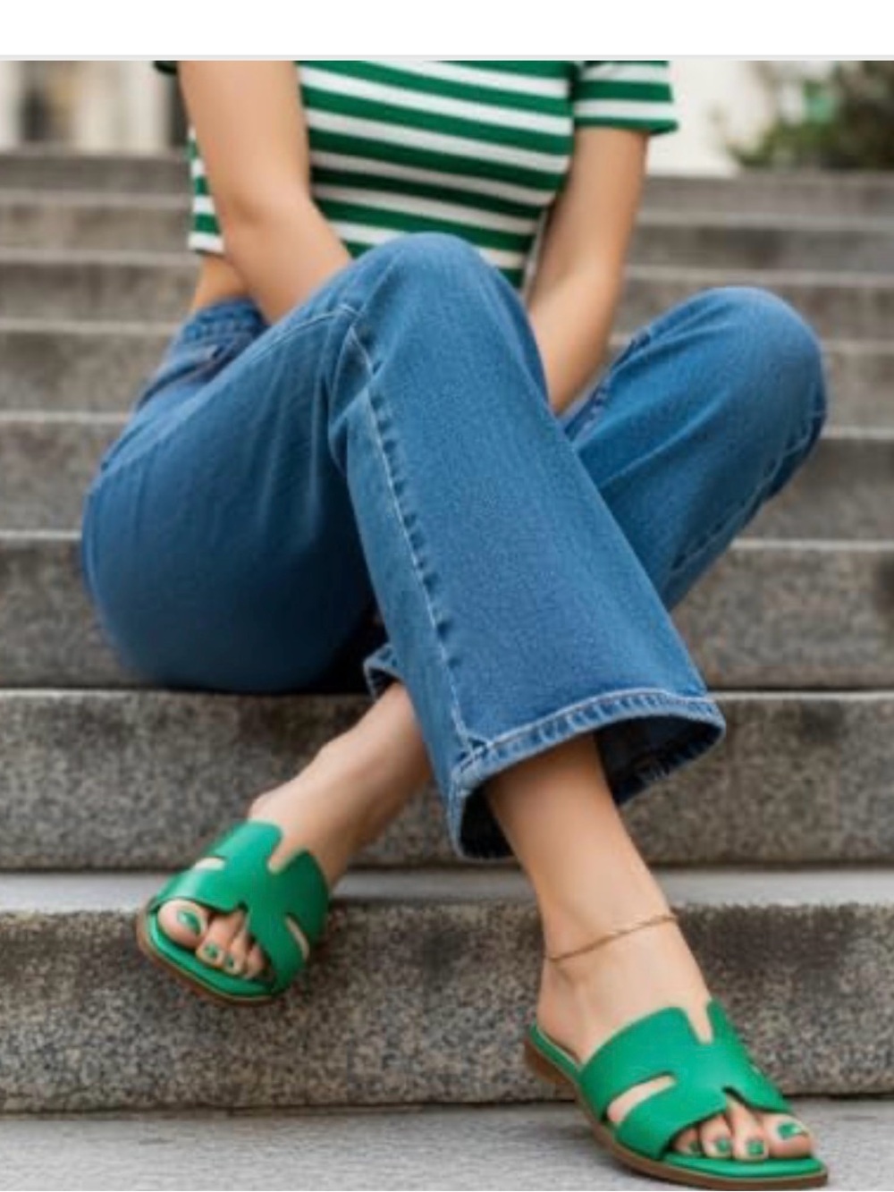 Green Leather Cutout Slide Sandals